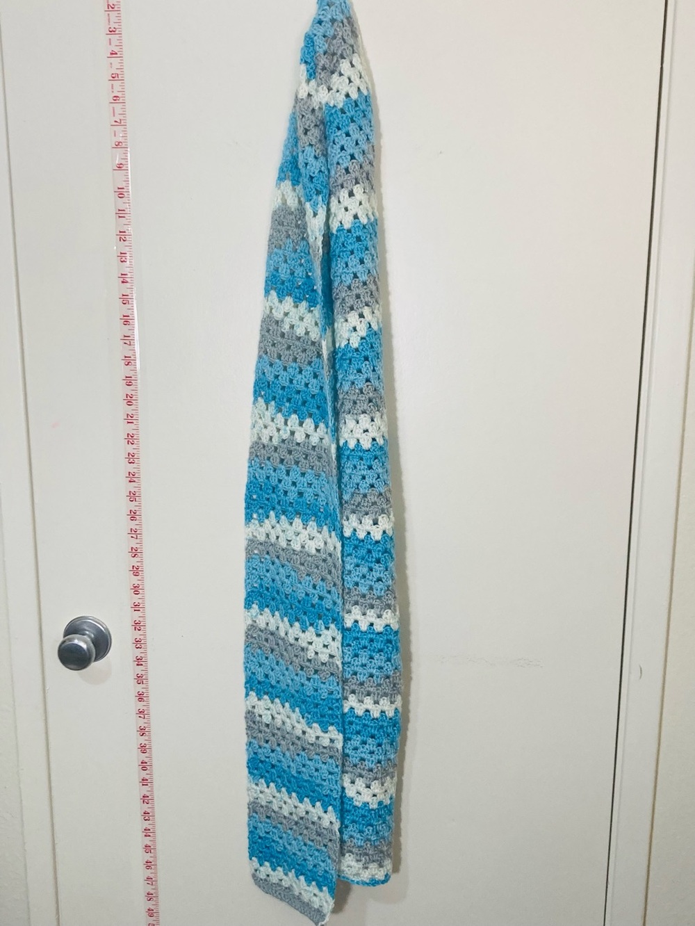 Handmade Crochet Scarf Clouds Themed in: Blue, Gray & White Striped Crochet